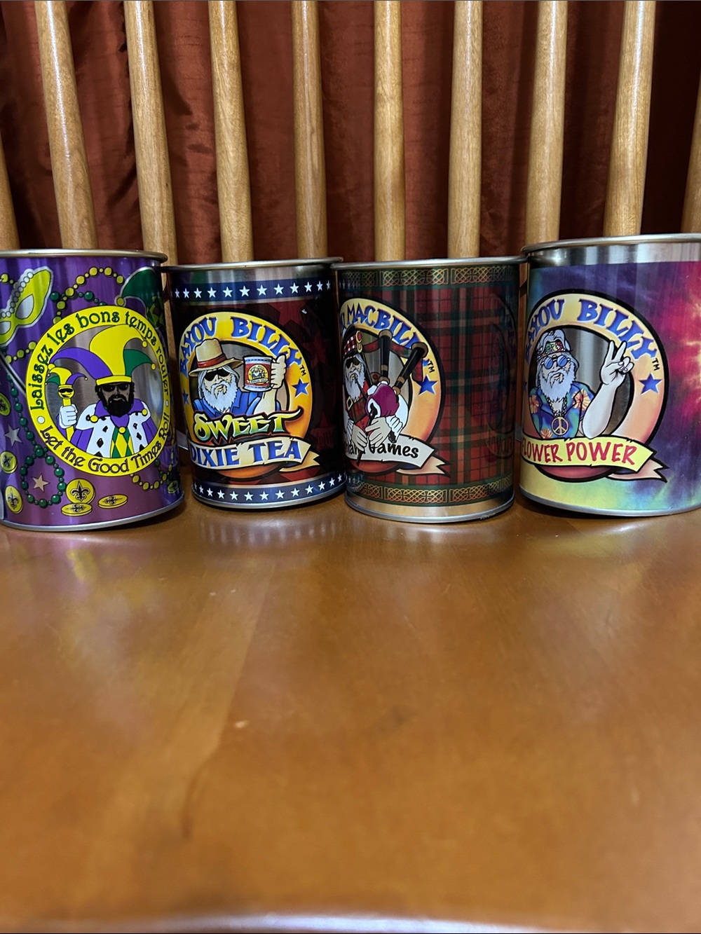 Bayou Billy Mugs, Sweet Dixie Tea, Flower Power, Highland Games, Good Times Roll